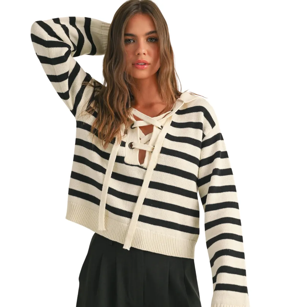 LACE UP STRIPED SWEATER