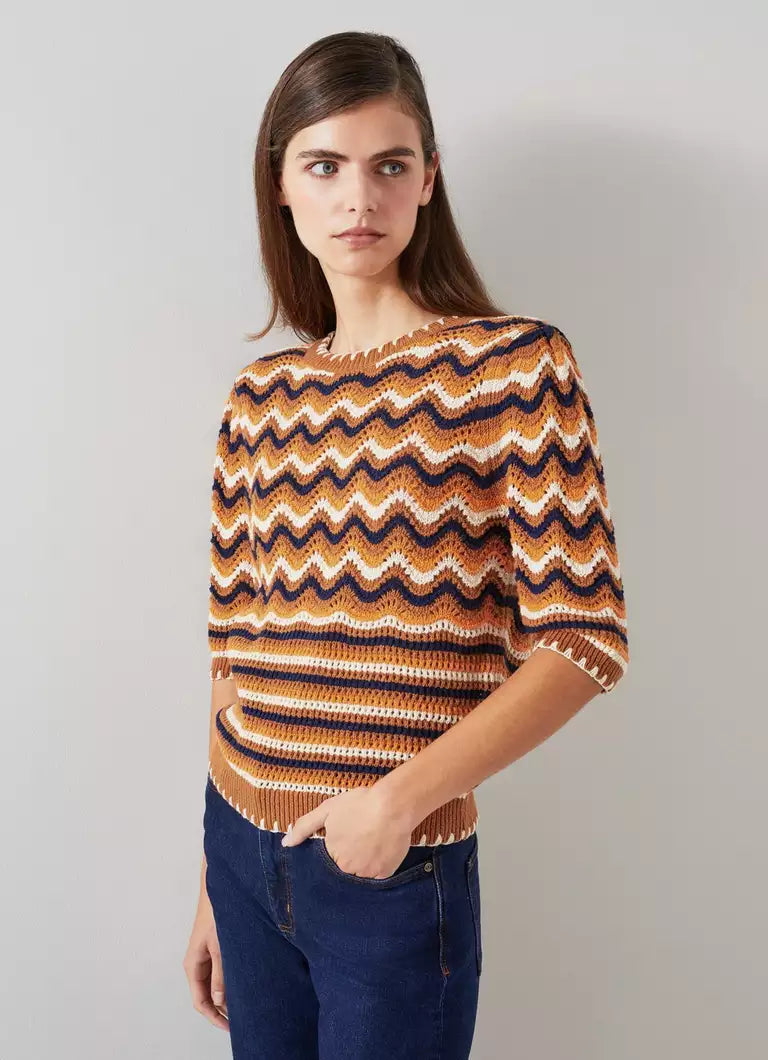 LK Bennett Soni Brown Multi Cotton Wavy Knitted Top