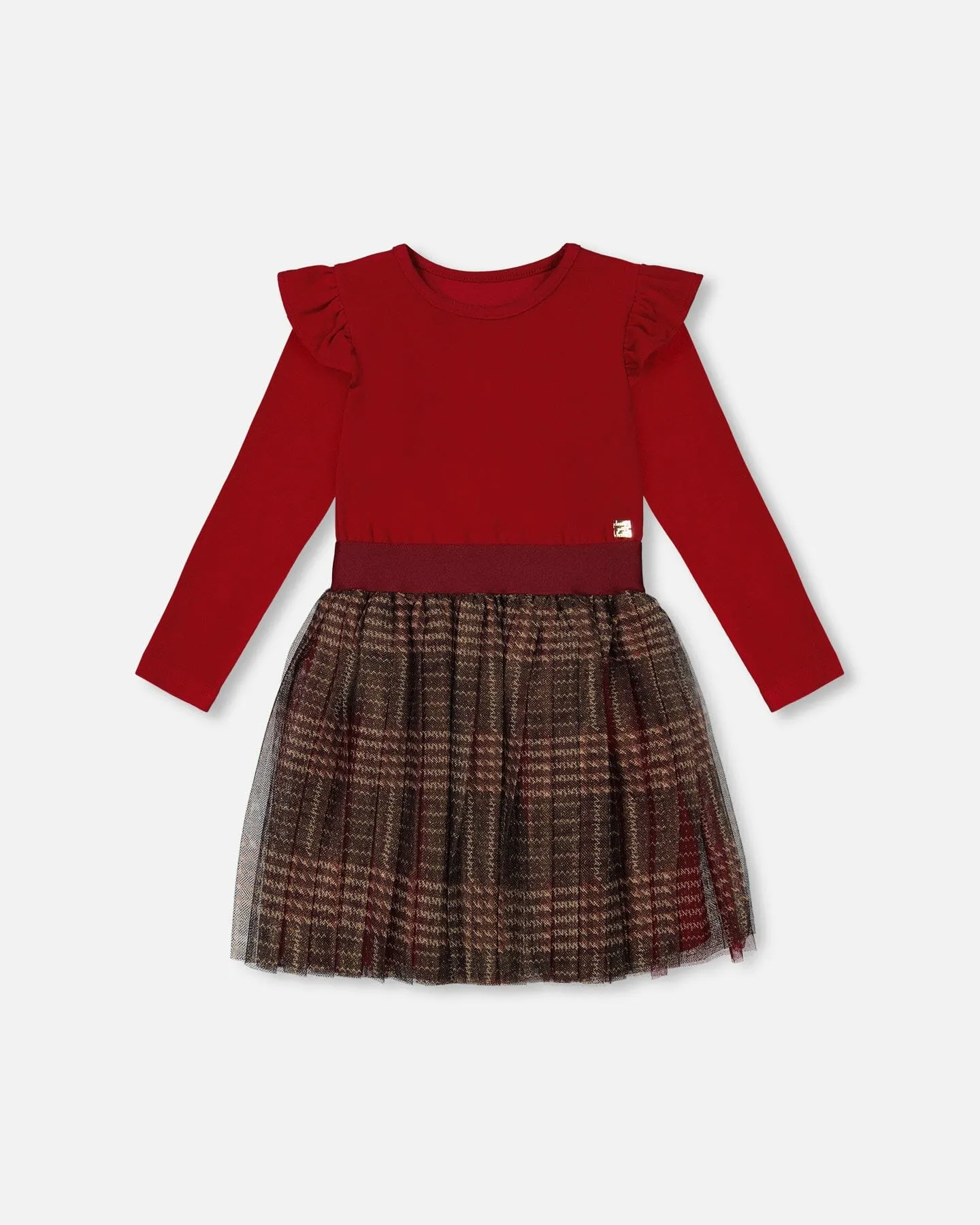 Long Sleeve Dress With Glittering Tulle Skirt Red Plaid