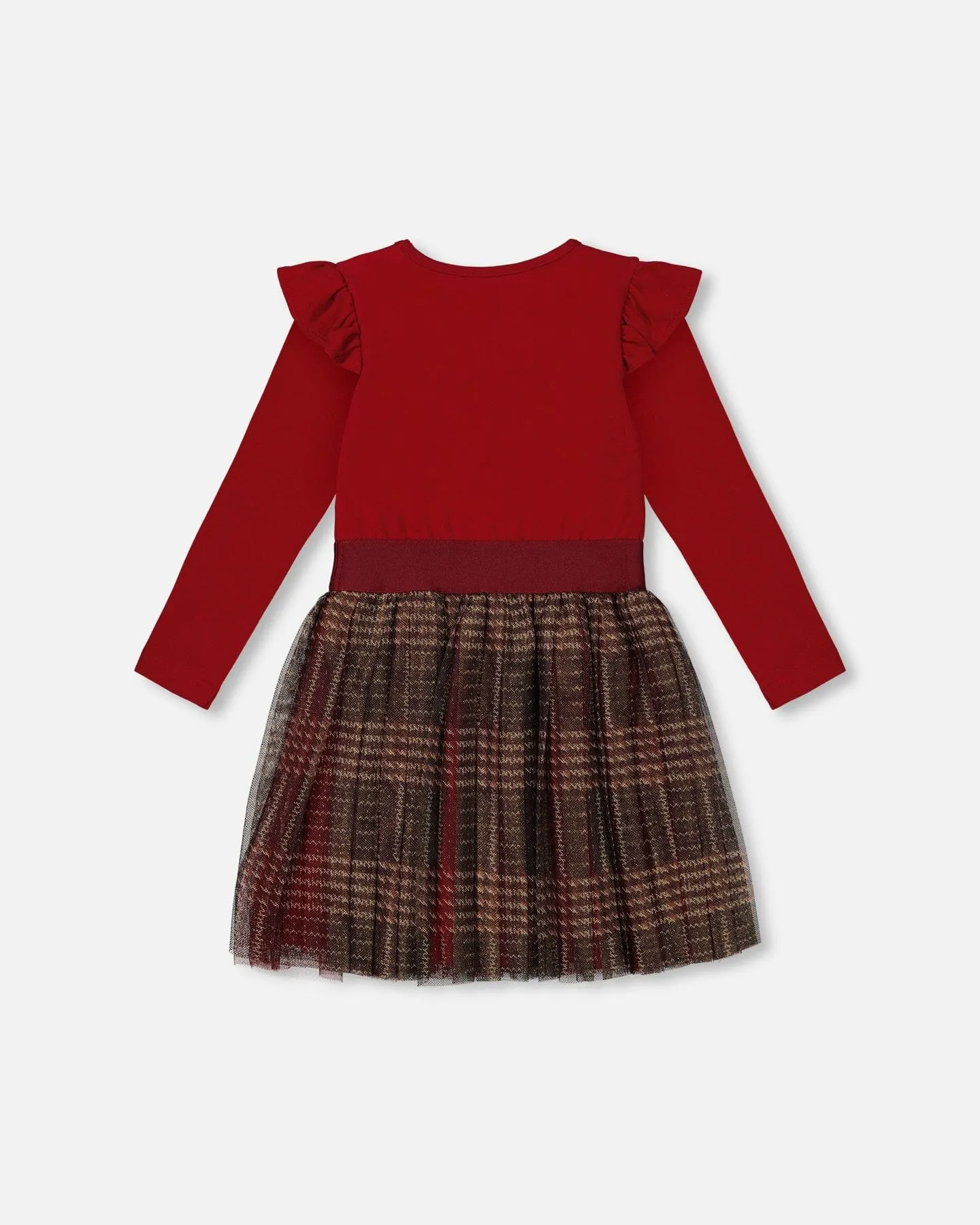 Long Sleeve Dress With Glittering Tulle Skirt Red Plaid