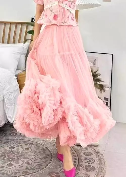 Loose Apricot Ruffled Elastic Waist Tulle Skirts Summer AB1022