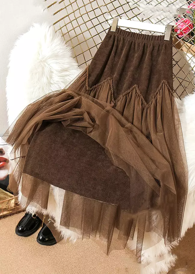 Loose Coffee Ruffled Elastic Waist Patchwork Tulle Skirts Spring AS1054