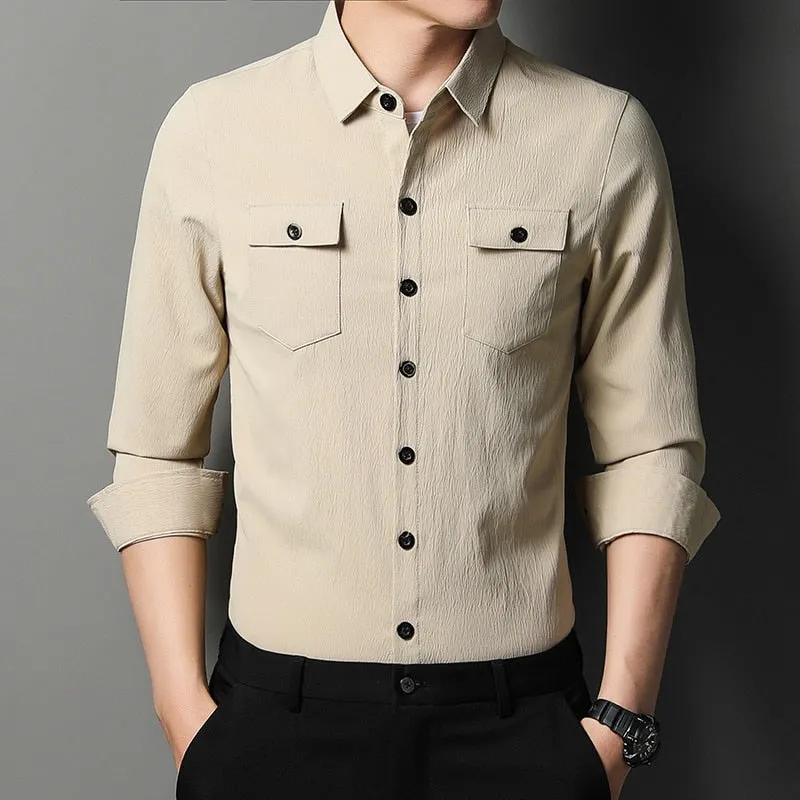 Men's Luxury Two Pocket Square Collar Casual Style Long Sleeve Shirt