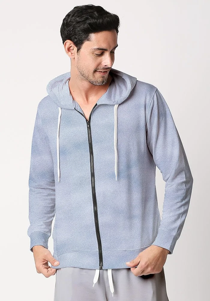 Mens Textured Zipper Hoodie-Denim Twill