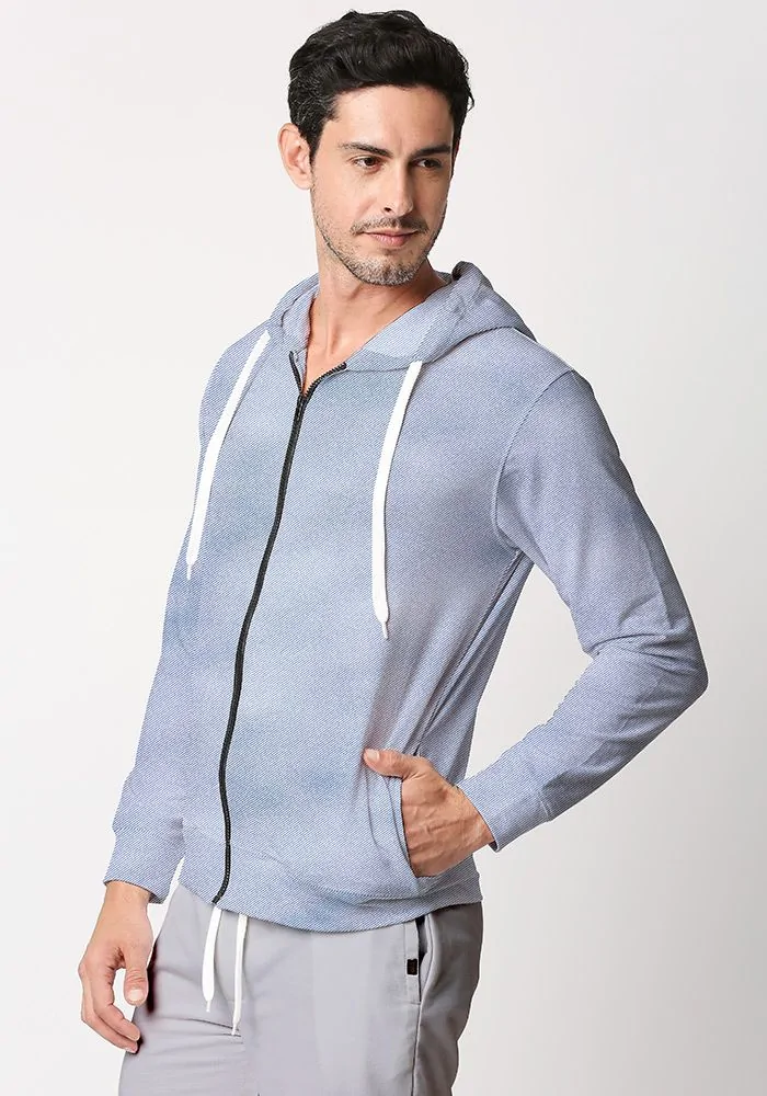 Mens Textured Zipper Hoodie-Denim Twill