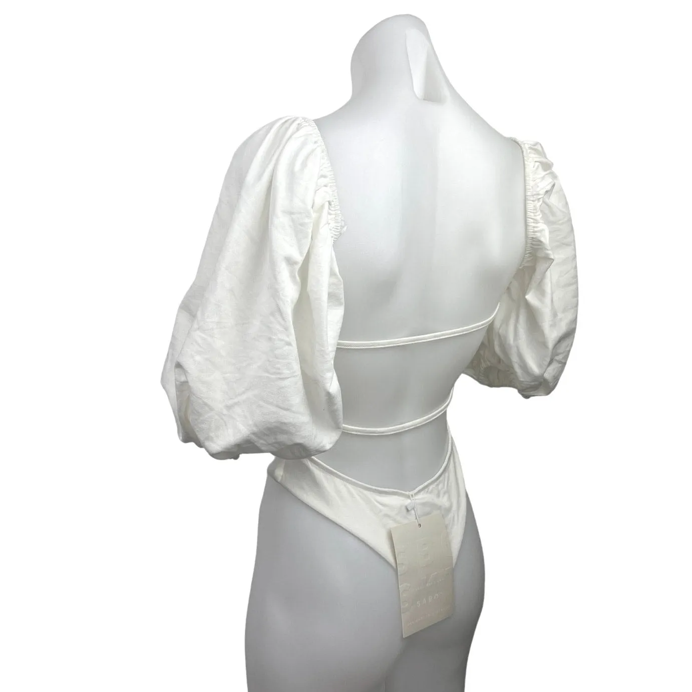 NEW Sabo Skirt White Puff Sleeve Open Back Natalia Thong Bodysuit Top Size S