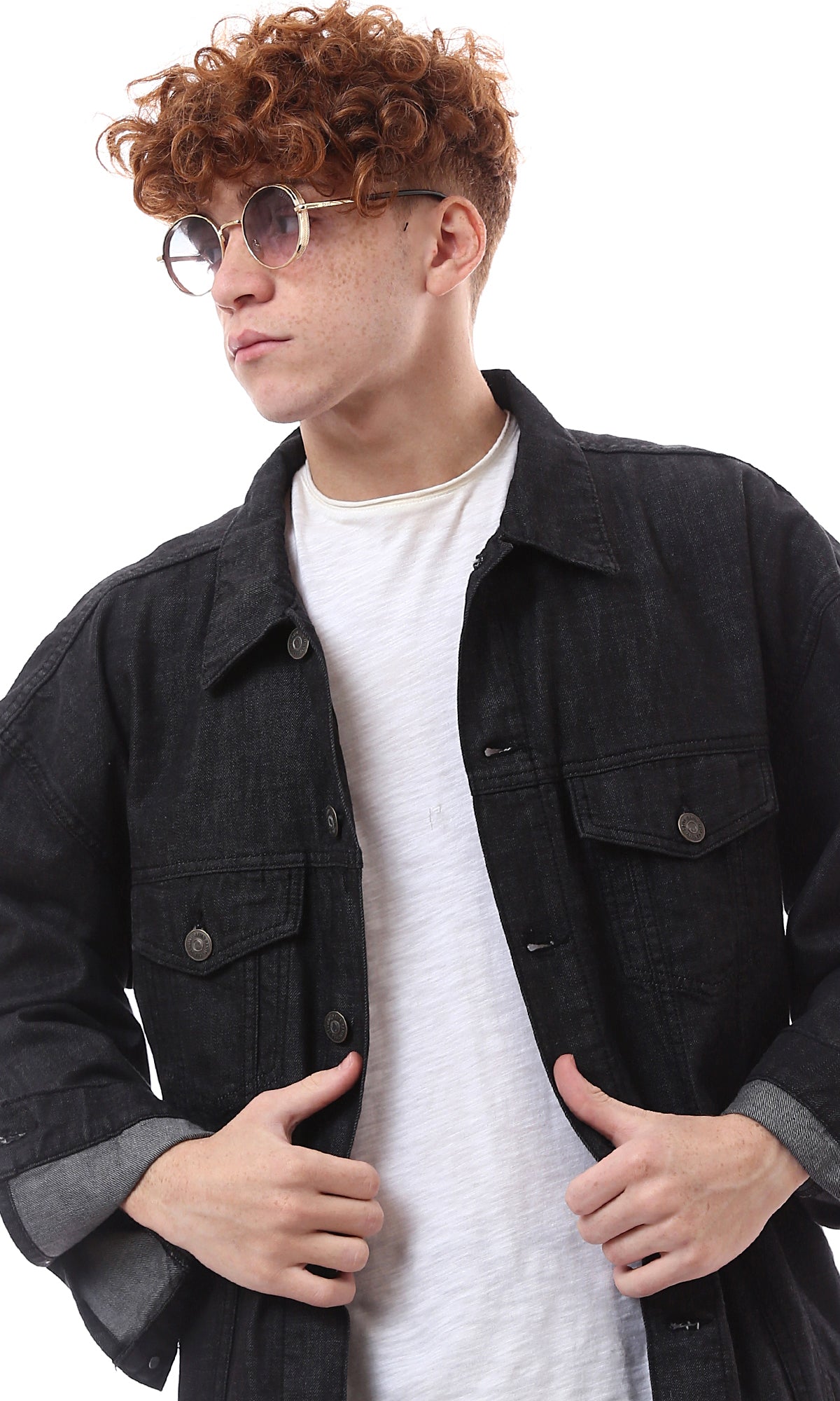 O174498 Black Denim Jacket With Buttoned Cuffs