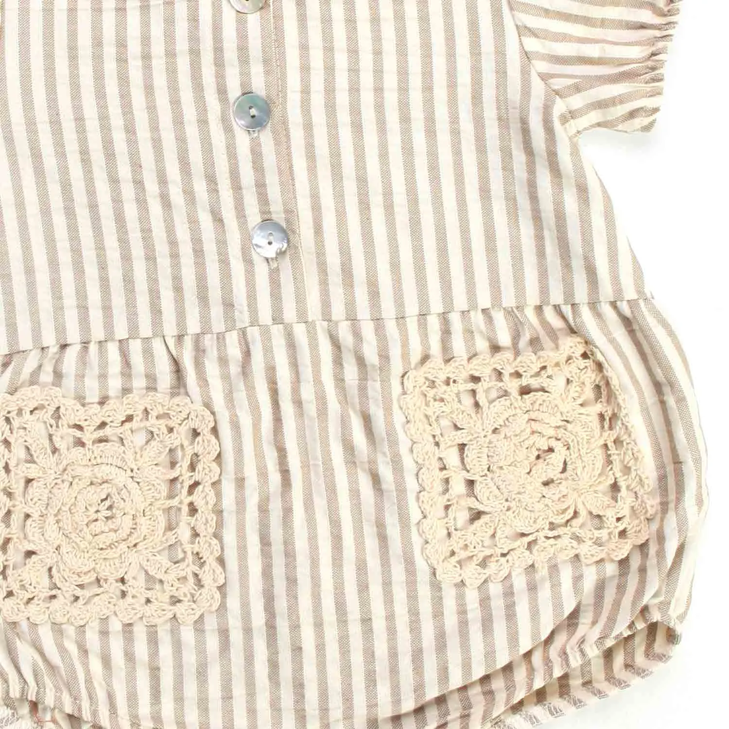 Olive Baby Girl White And Beige Striped Romper