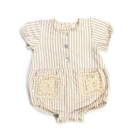 Olive Baby Girl White And Beige Striped Romper