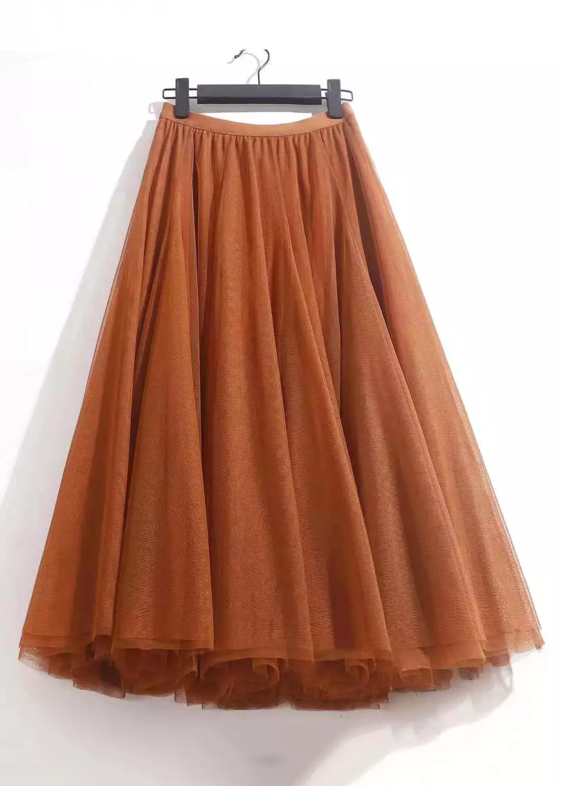 Orange Solid Wrinkled Tulle Summer Skirts High Waist AS1050