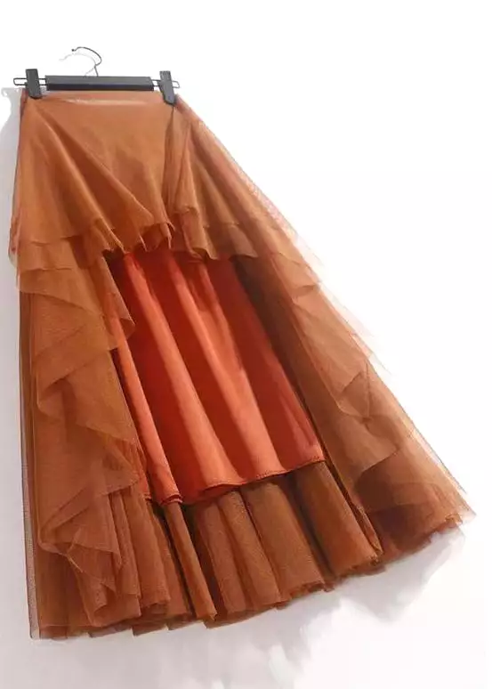 Orange Solid Wrinkled Tulle Summer Skirts High Waist AS1050