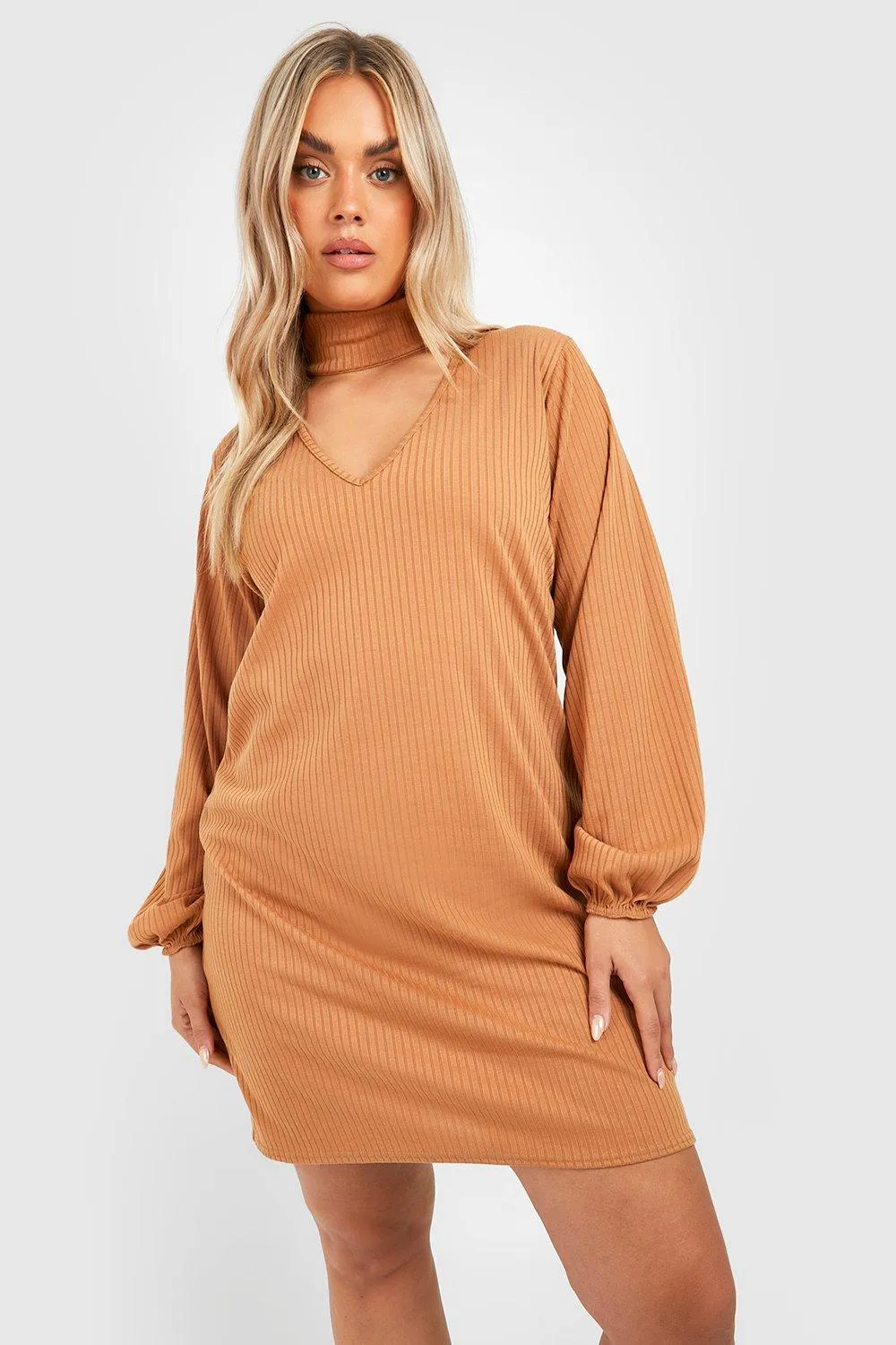 Plus Soft Knitted Rib Choker Sweater Dress