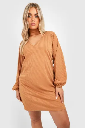 Plus Soft Knitted Rib Choker Sweater Dress