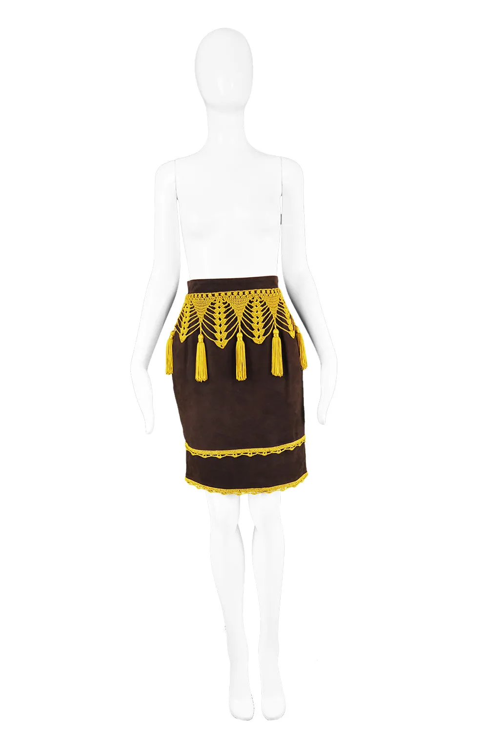 Preowned Brown Suede & Macramé Tassel Skirt, 1980s