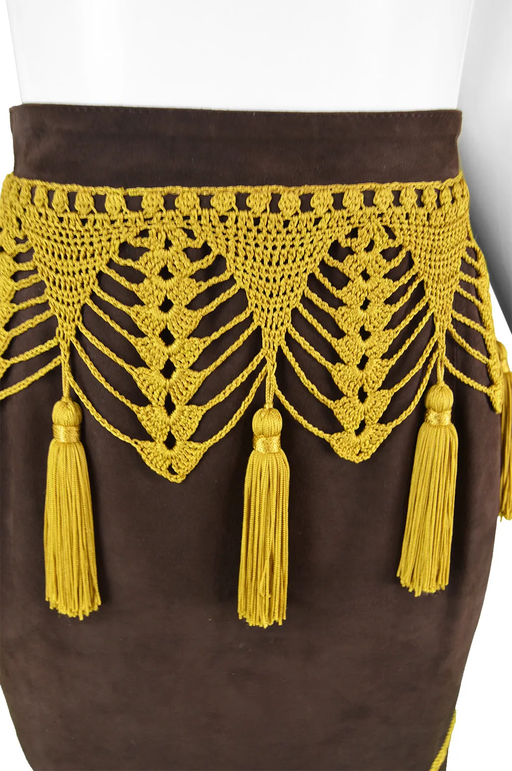 Preowned Brown Suede & Macramé Tassel Skirt, 1980s