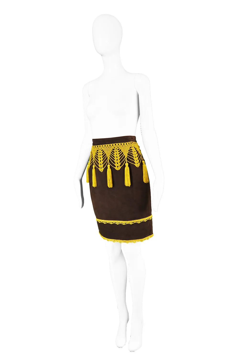 Preowned Brown Suede & Macramé Tassel Skirt, 1980s