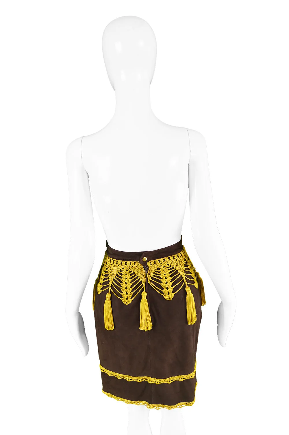 Preowned Brown Suede & Macramé Tassel Skirt, 1980s