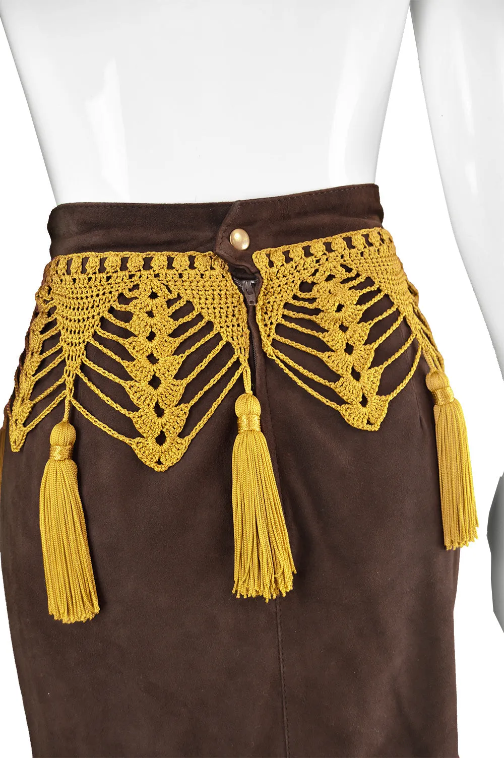 Preowned Brown Suede & Macramé Tassel Skirt, 1980s