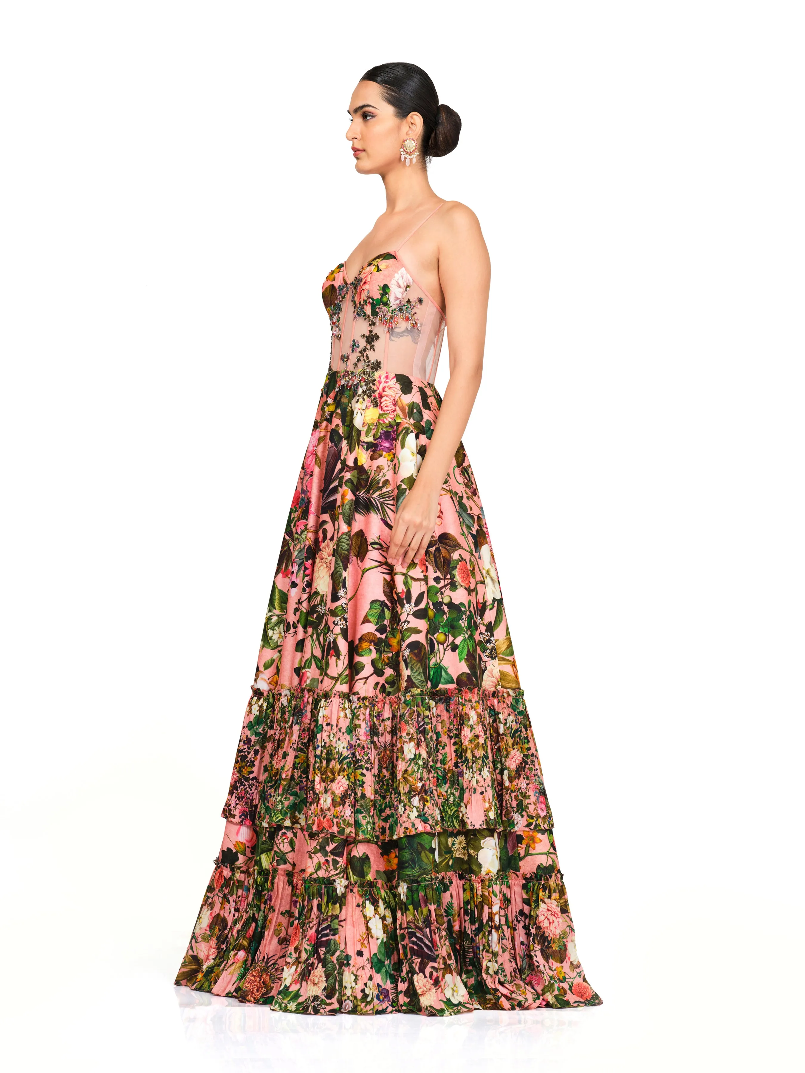 Printed Corset Gown with Appliqué Work.