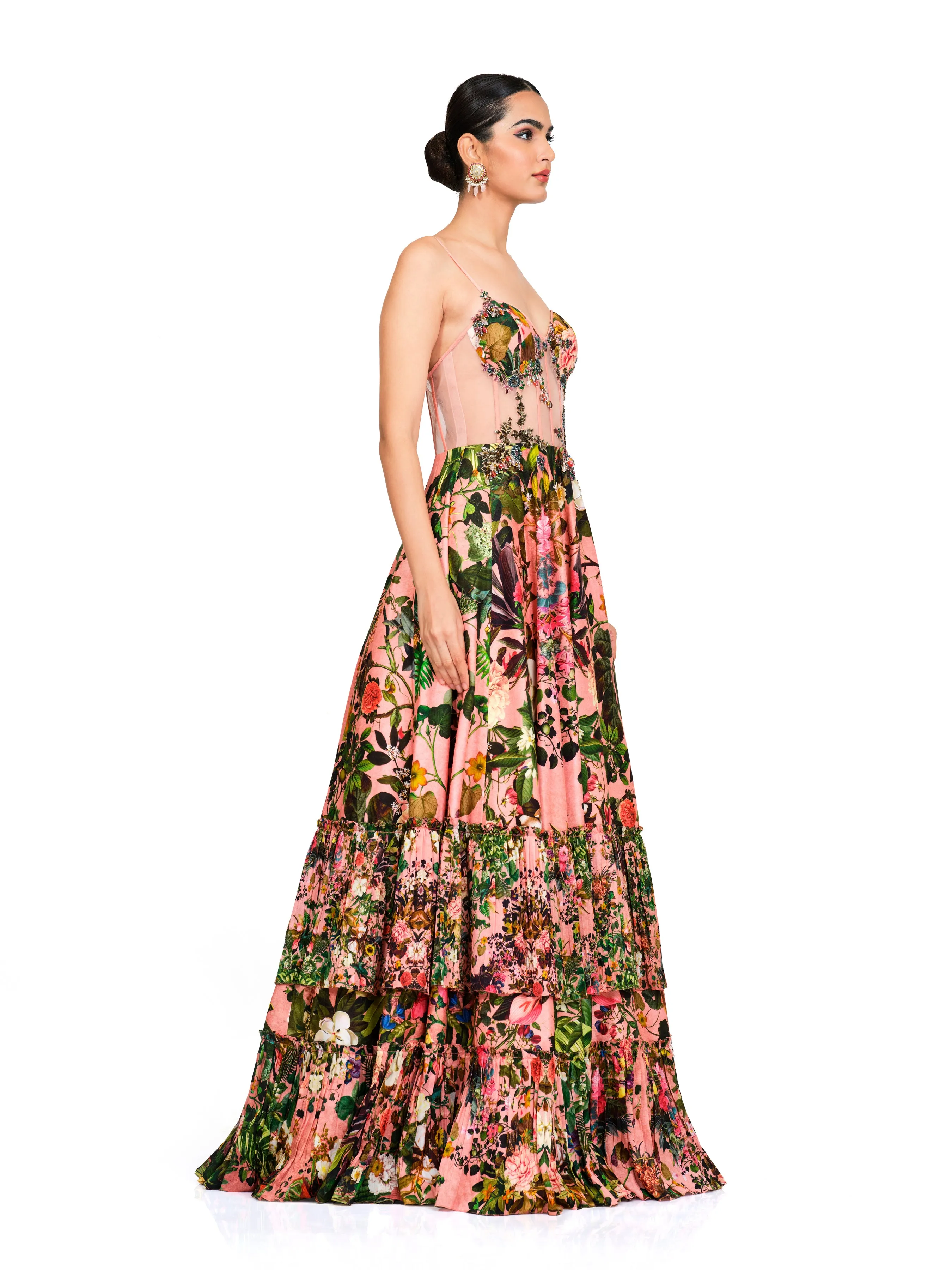 Printed Corset Gown with Appliqué Work.