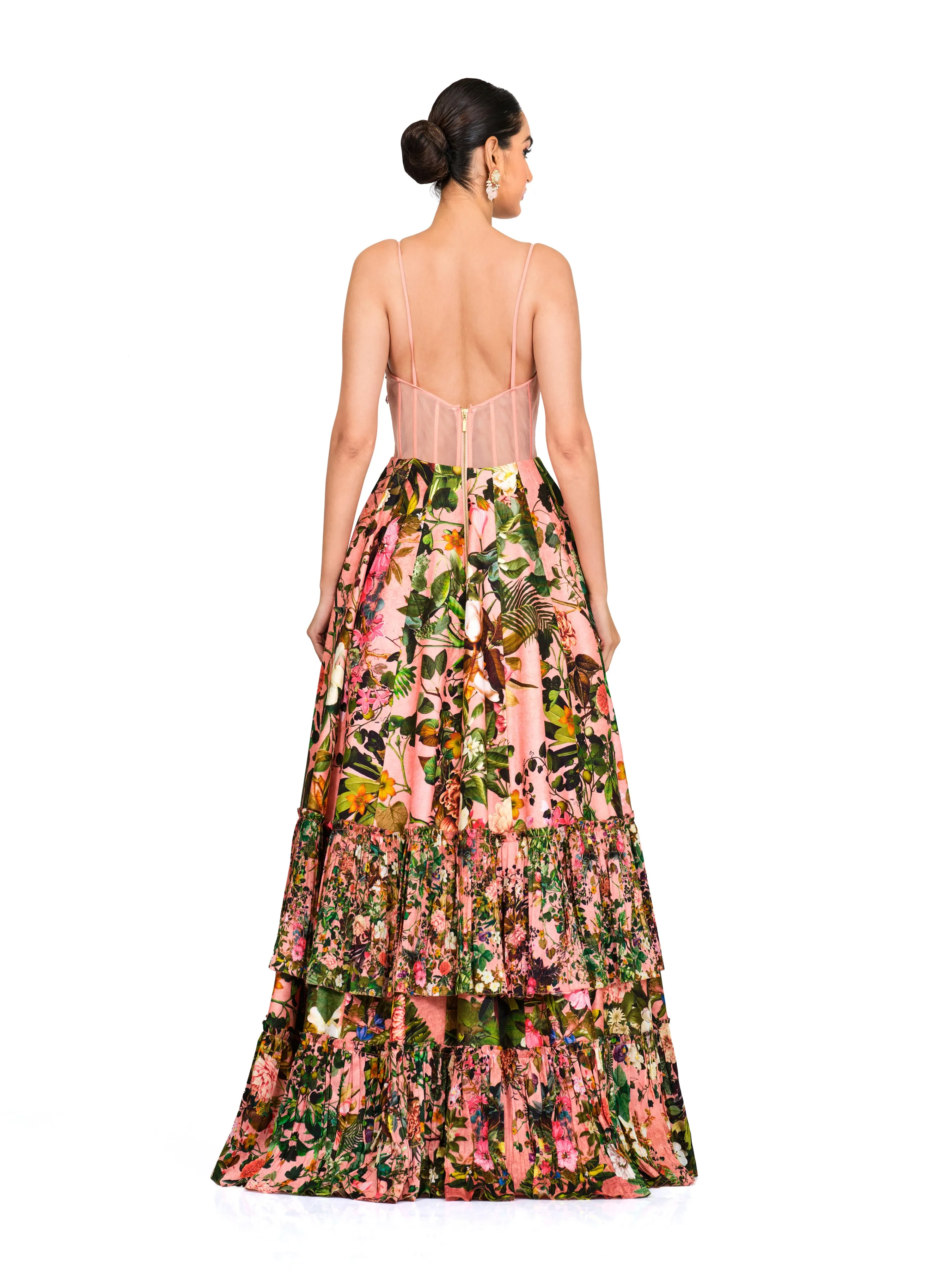 Printed Corset Gown with Appliqué Work.