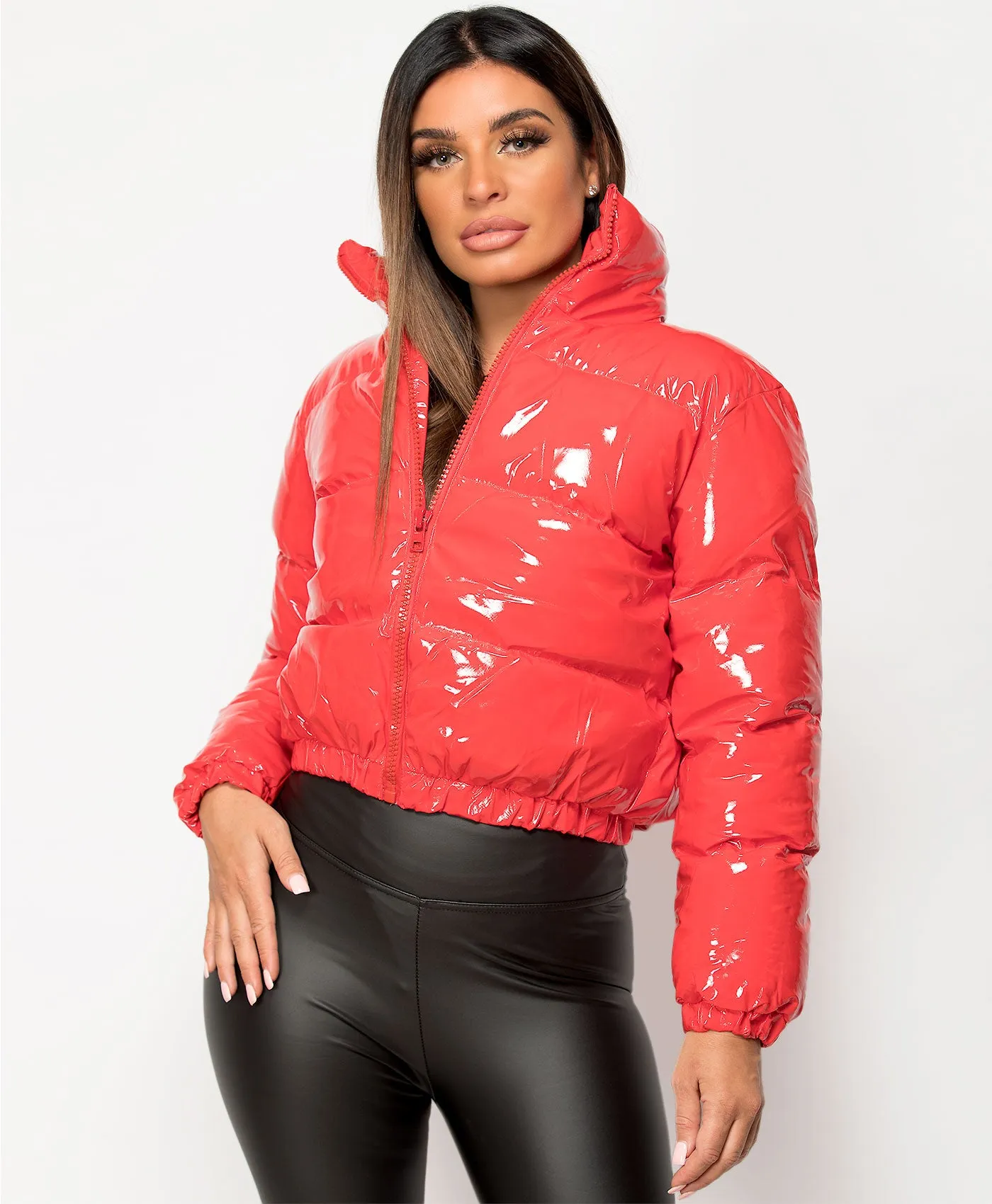 Red High Shine PU Vinyl Cropped Puffer Jacket