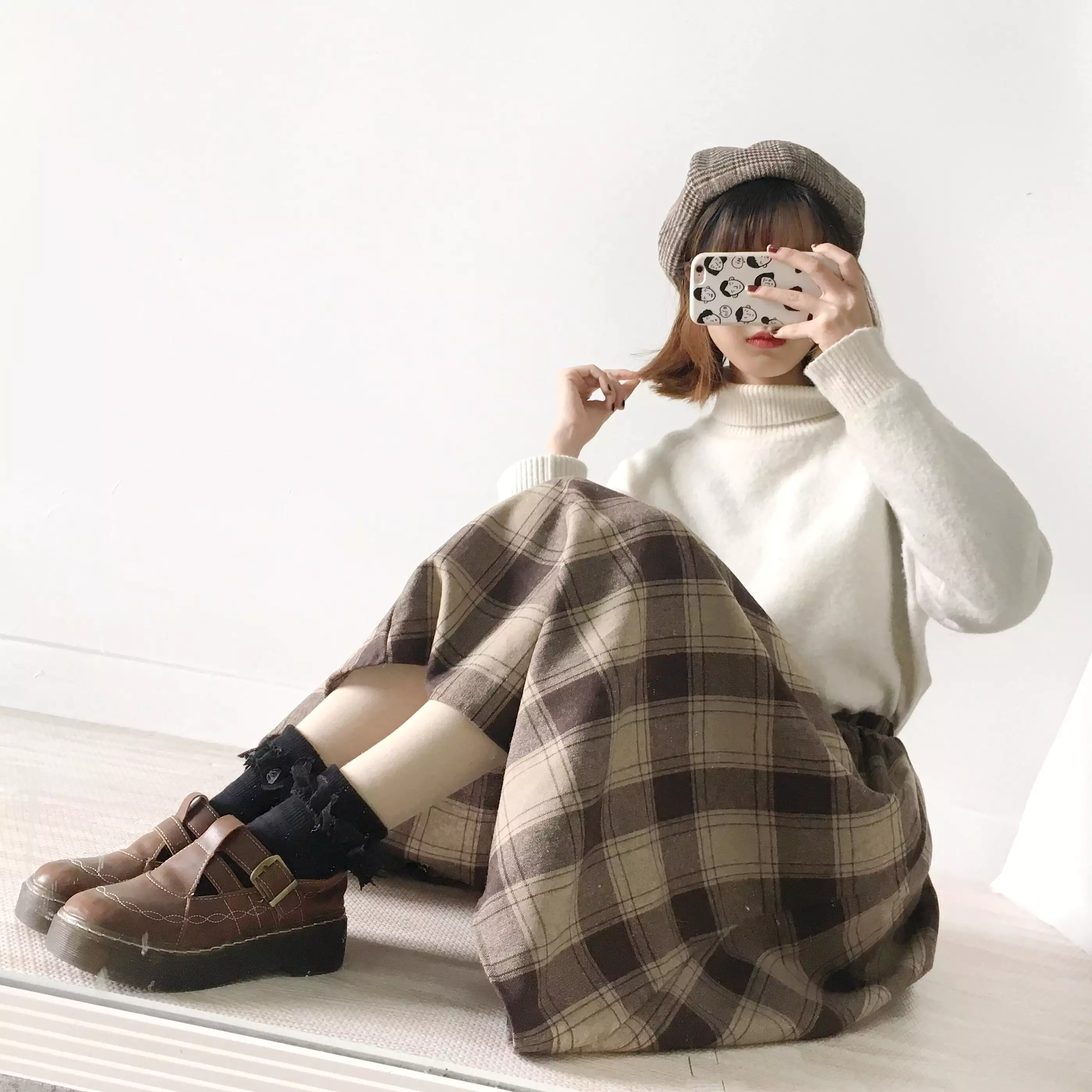 RETRO CHOCOLATE PLAID WOOL SKIRT BY61120