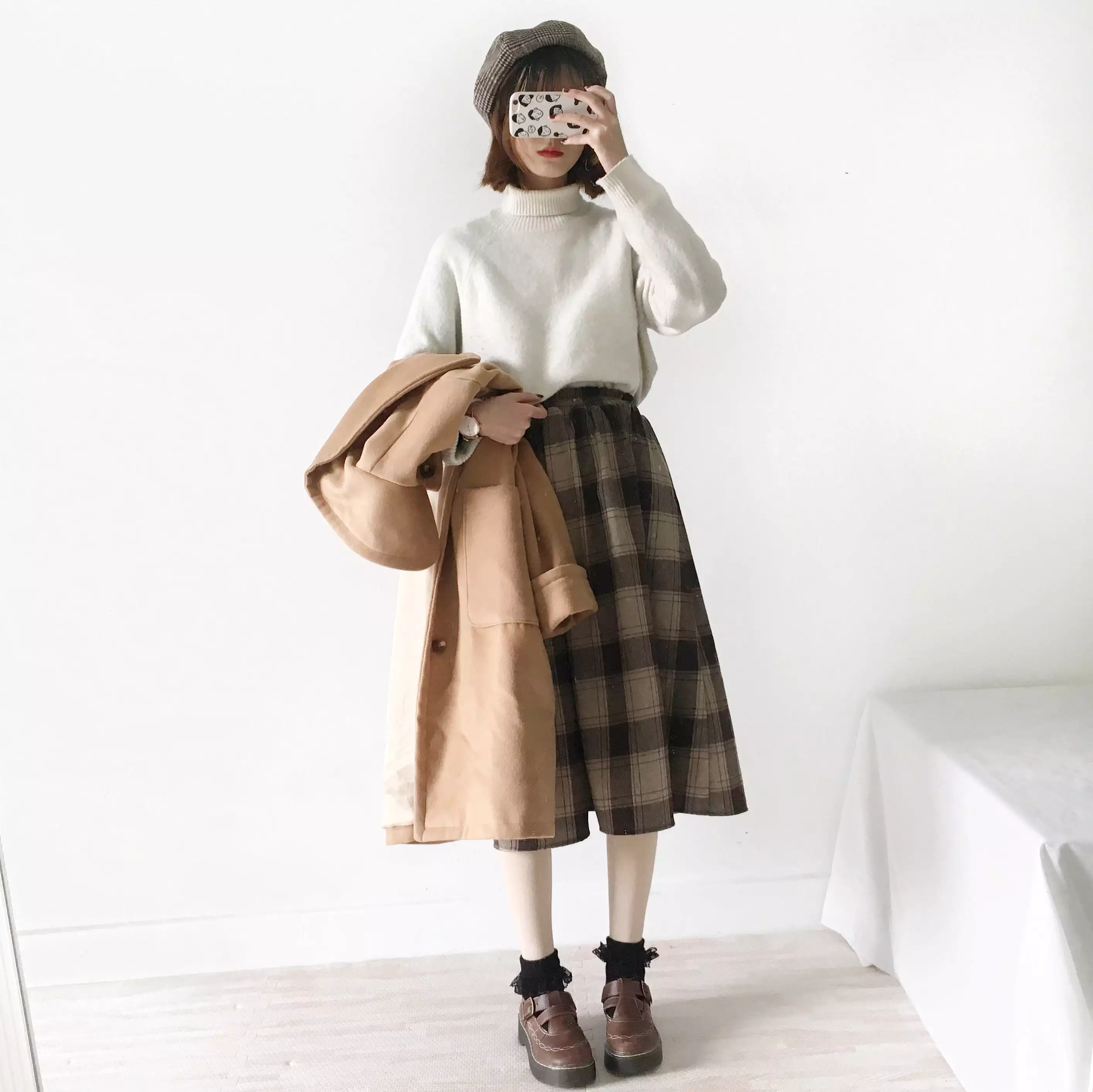 RETRO CHOCOLATE PLAID WOOL SKIRT BY61120