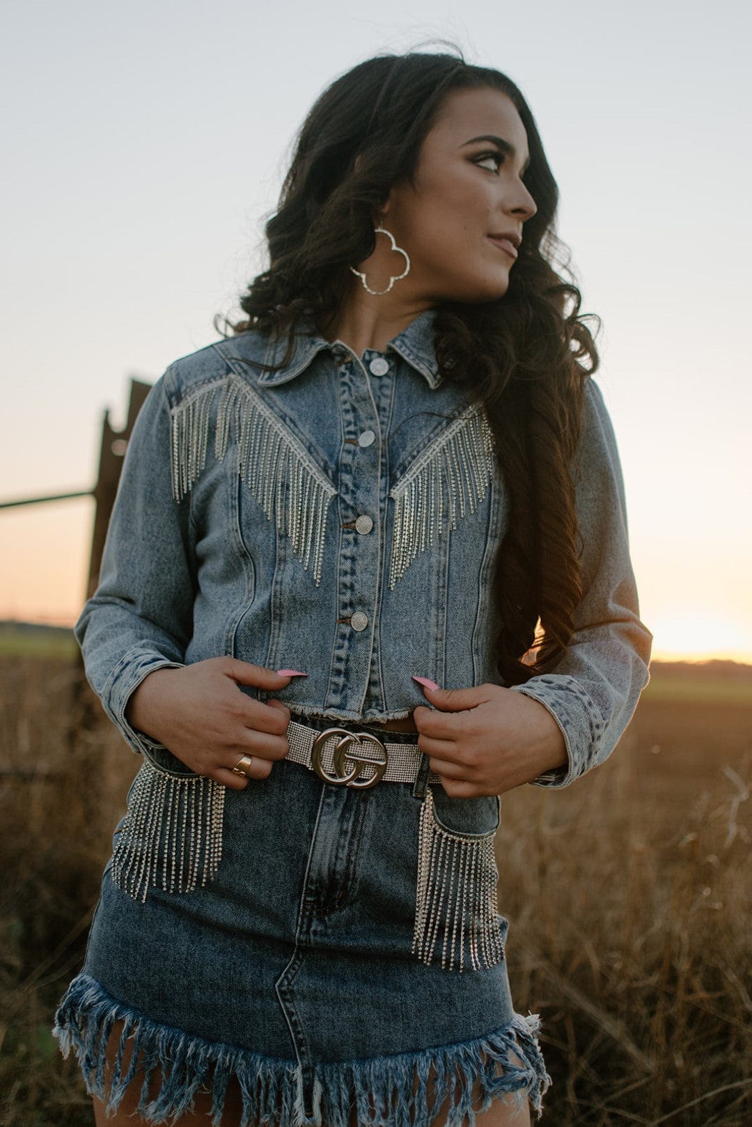 Rhinestone Cropped Denim Jacket