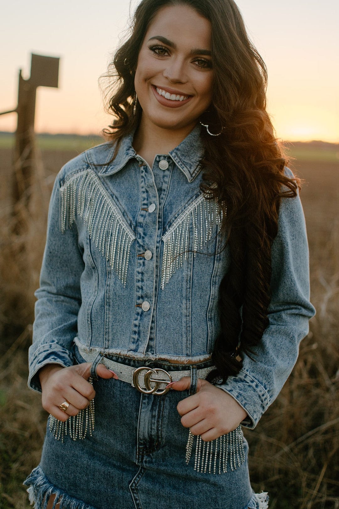 Rhinestone Cropped Denim Jacket