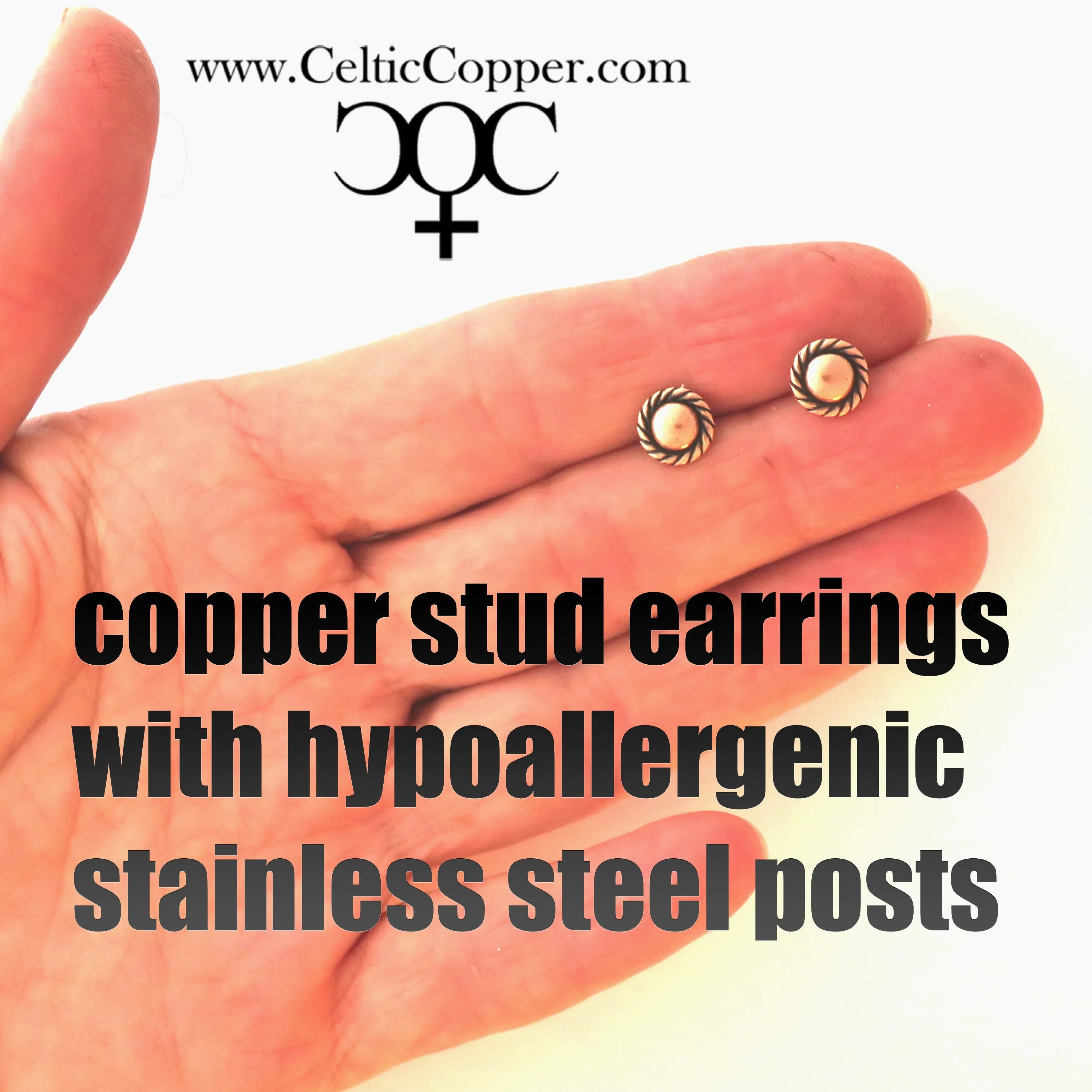 Rope Edged Copper Earring Studs EC12 Solid Copper Jewelry Post Earrings with Hypoallergenic Steel Posts