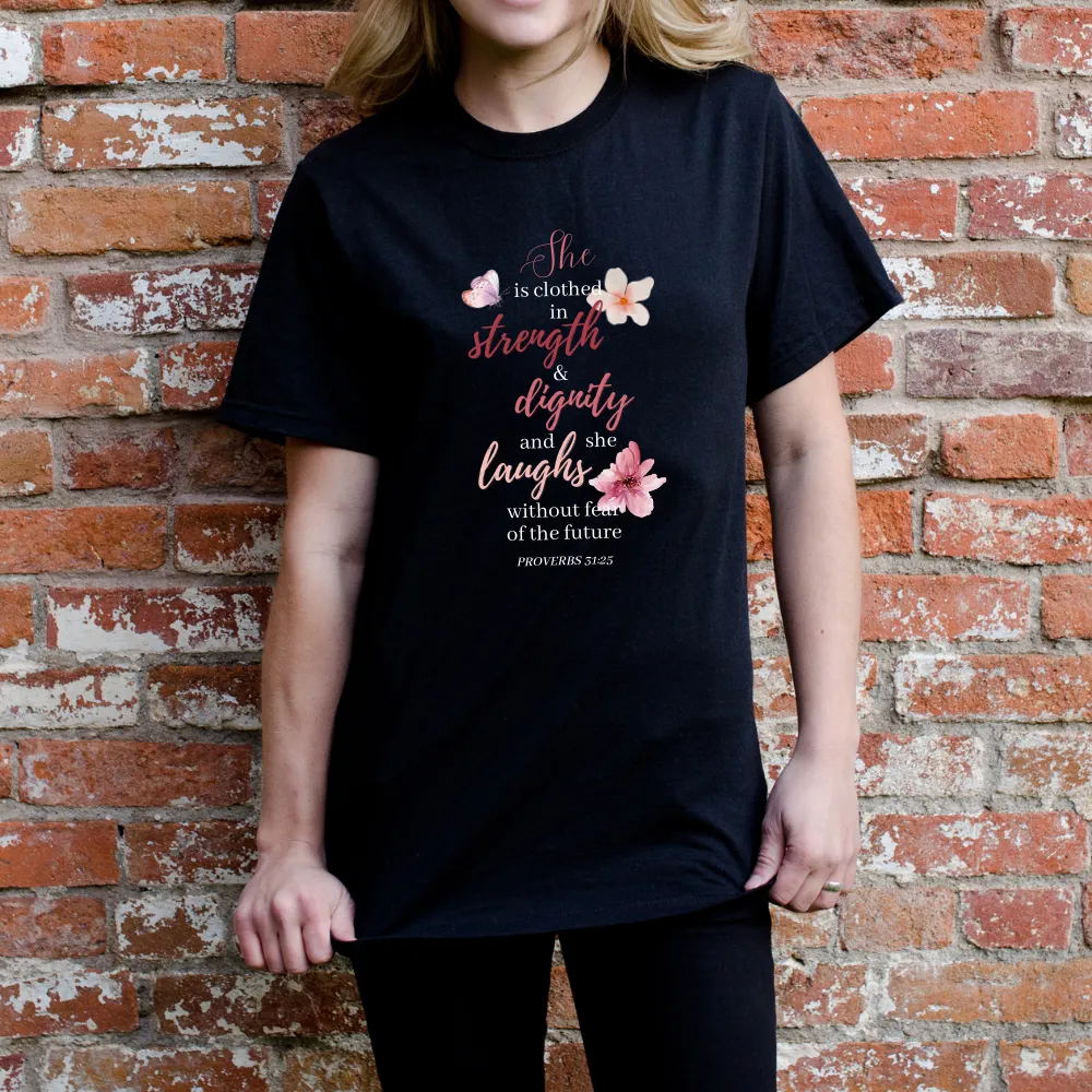 She is clothed in strength and dignity T shirt - White/Black/Maroon