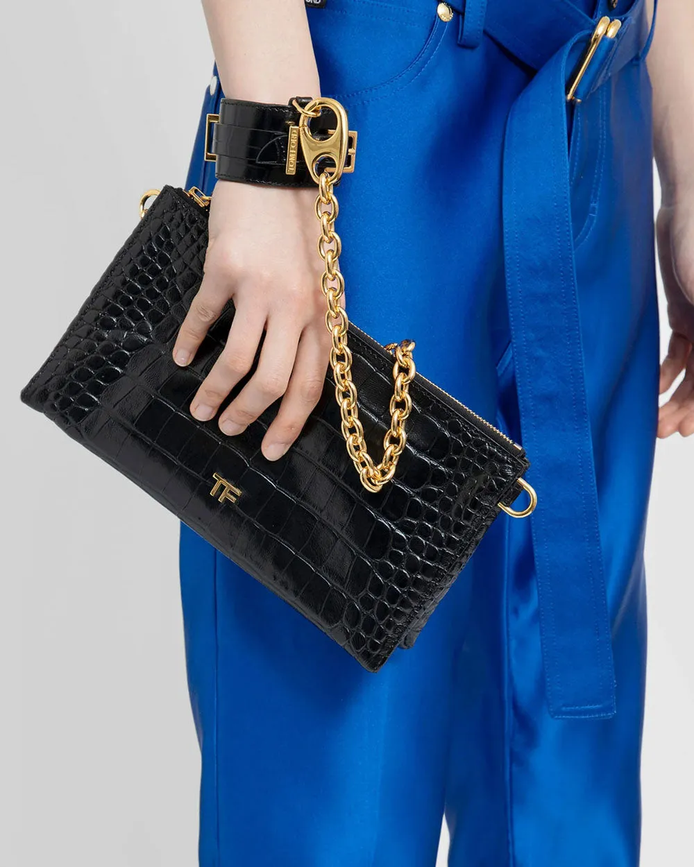 Shiny Stamped Croc Clutch with Cuff Bracelet in Black