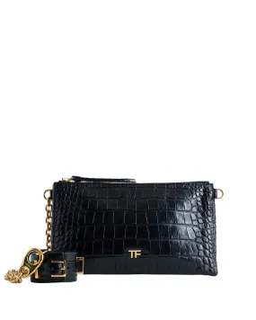 Shiny Stamped Croc Clutch with Cuff Bracelet in Black