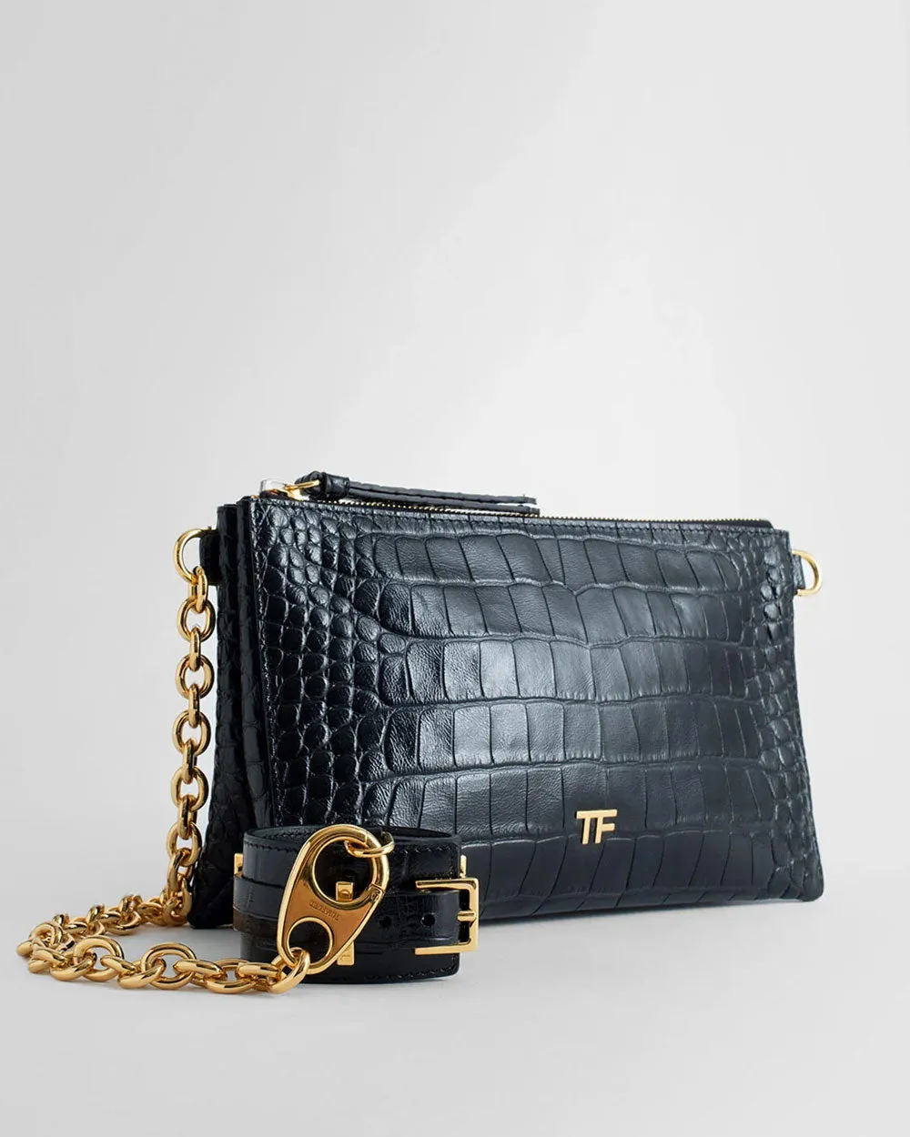 Shiny Stamped Croc Clutch with Cuff Bracelet in Black