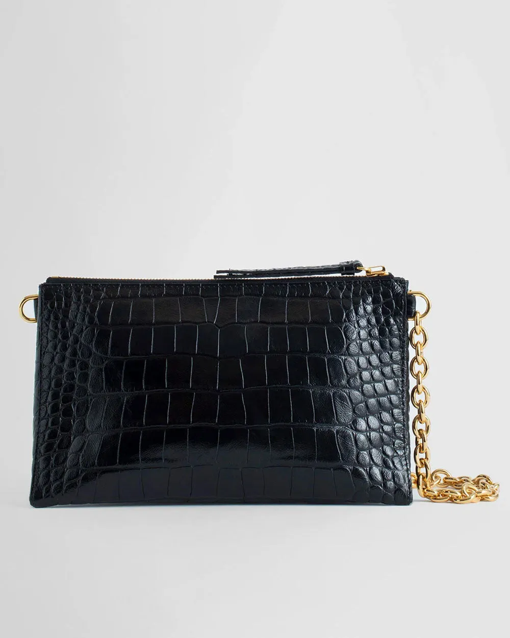 Shiny Stamped Croc Clutch with Cuff Bracelet in Black