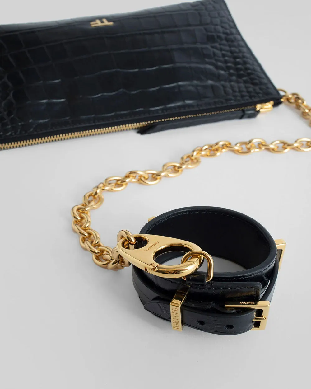 Shiny Stamped Croc Clutch with Cuff Bracelet in Black