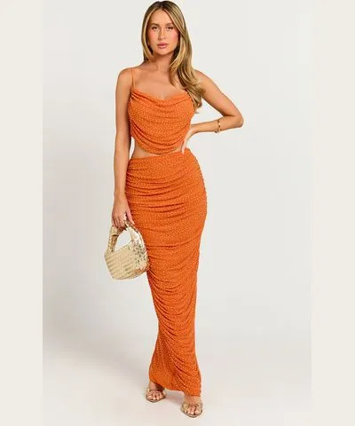 Showpo Raphaelle Two Piece Set - Ruched Bodycon Top And Midi Skirt Set in Orange