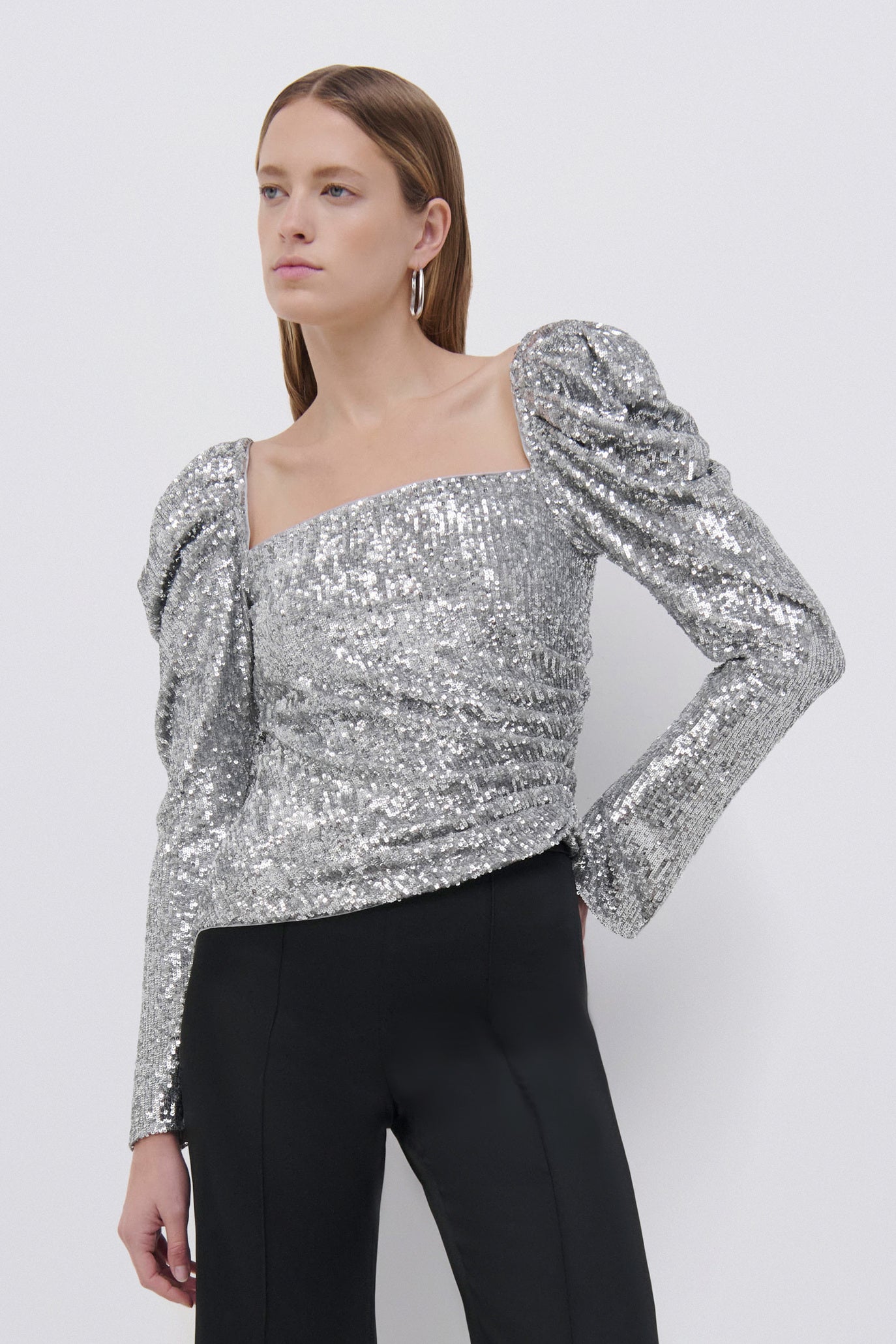 Simkhai Allura Hammered Sequin Top Silverr