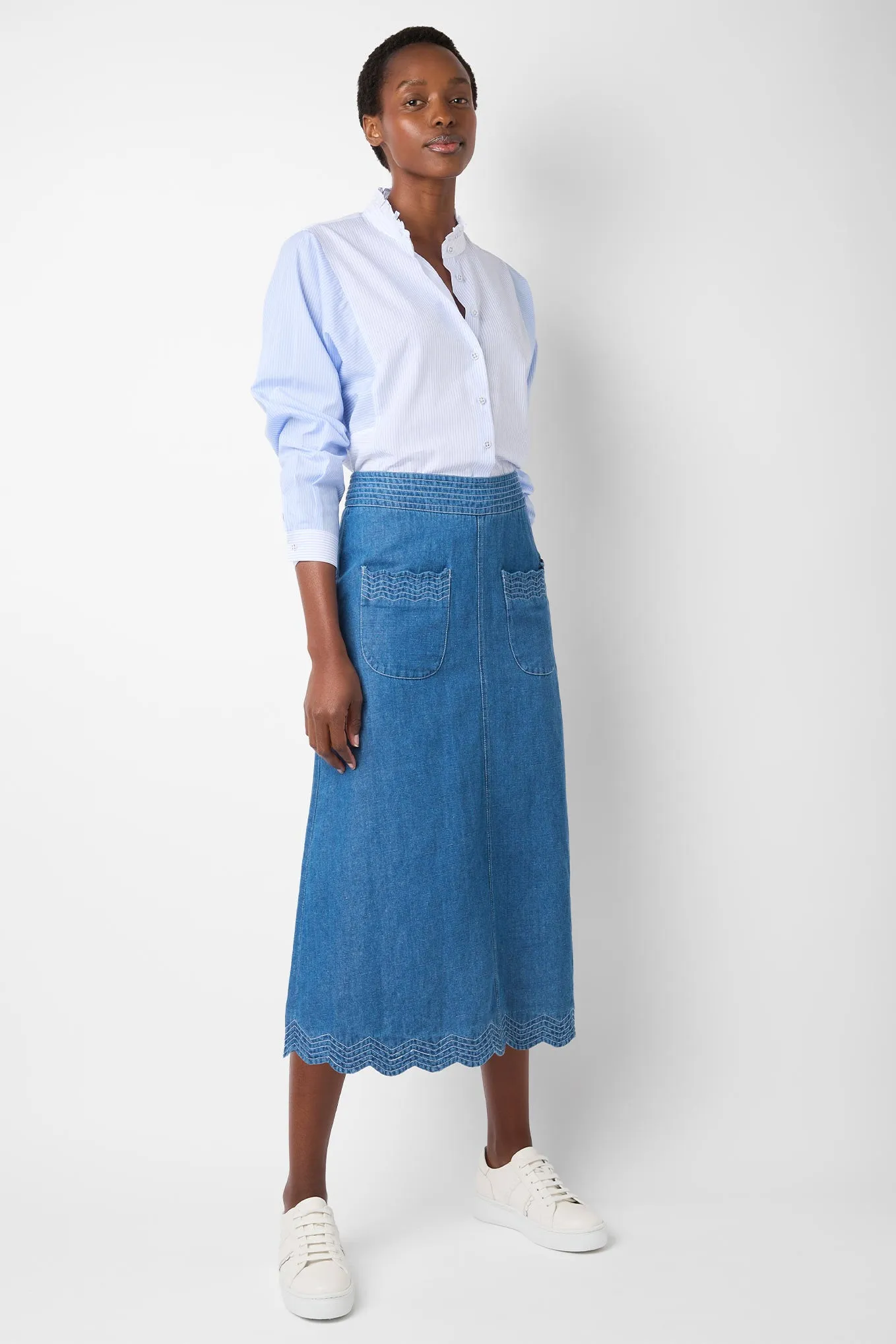 Solenne Scallop Denim Skirt - Mid Wash