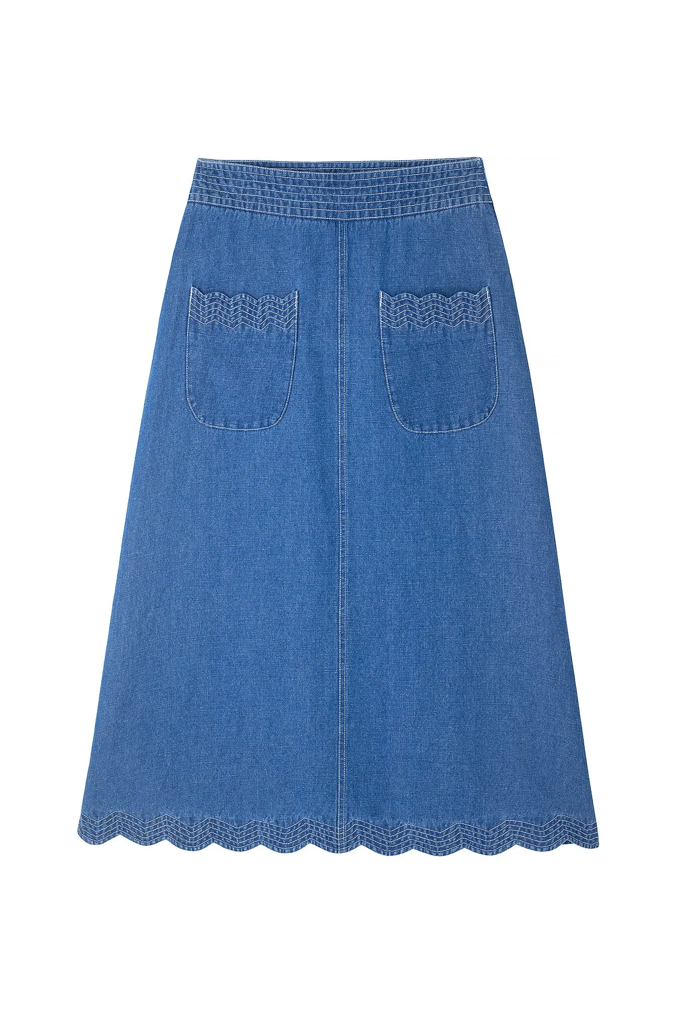 Solenne Scallop Denim Skirt - Mid Wash