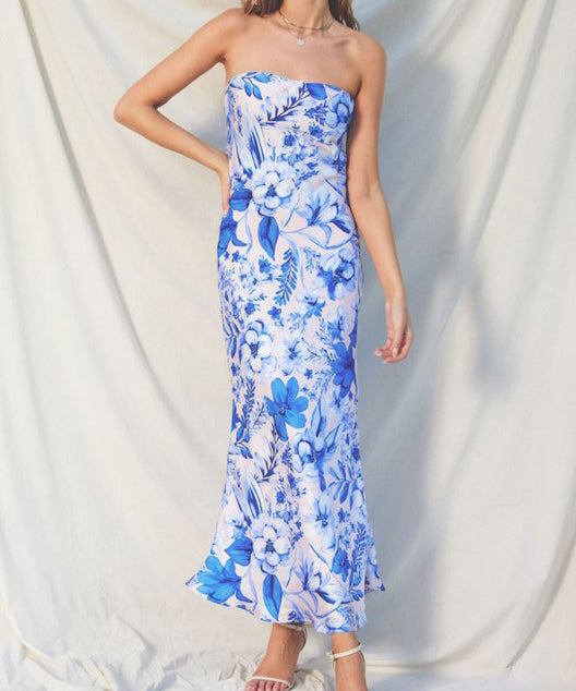 Strapless Floral Satin Maxi Dress - Blue Ivy