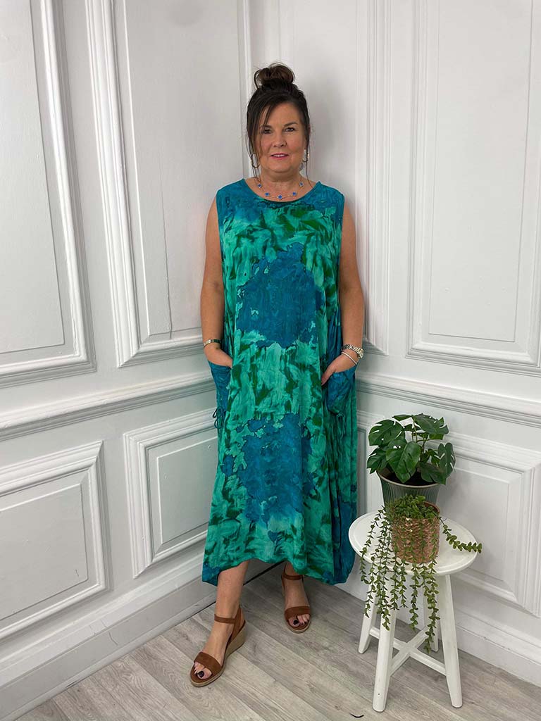 Tie Dye Pocket Cocoon Dress - Sea Green