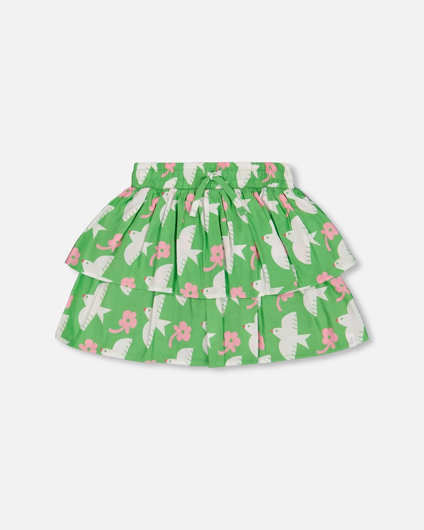 Tiered Elastic Waist Skirt Green With White And Pink Bird