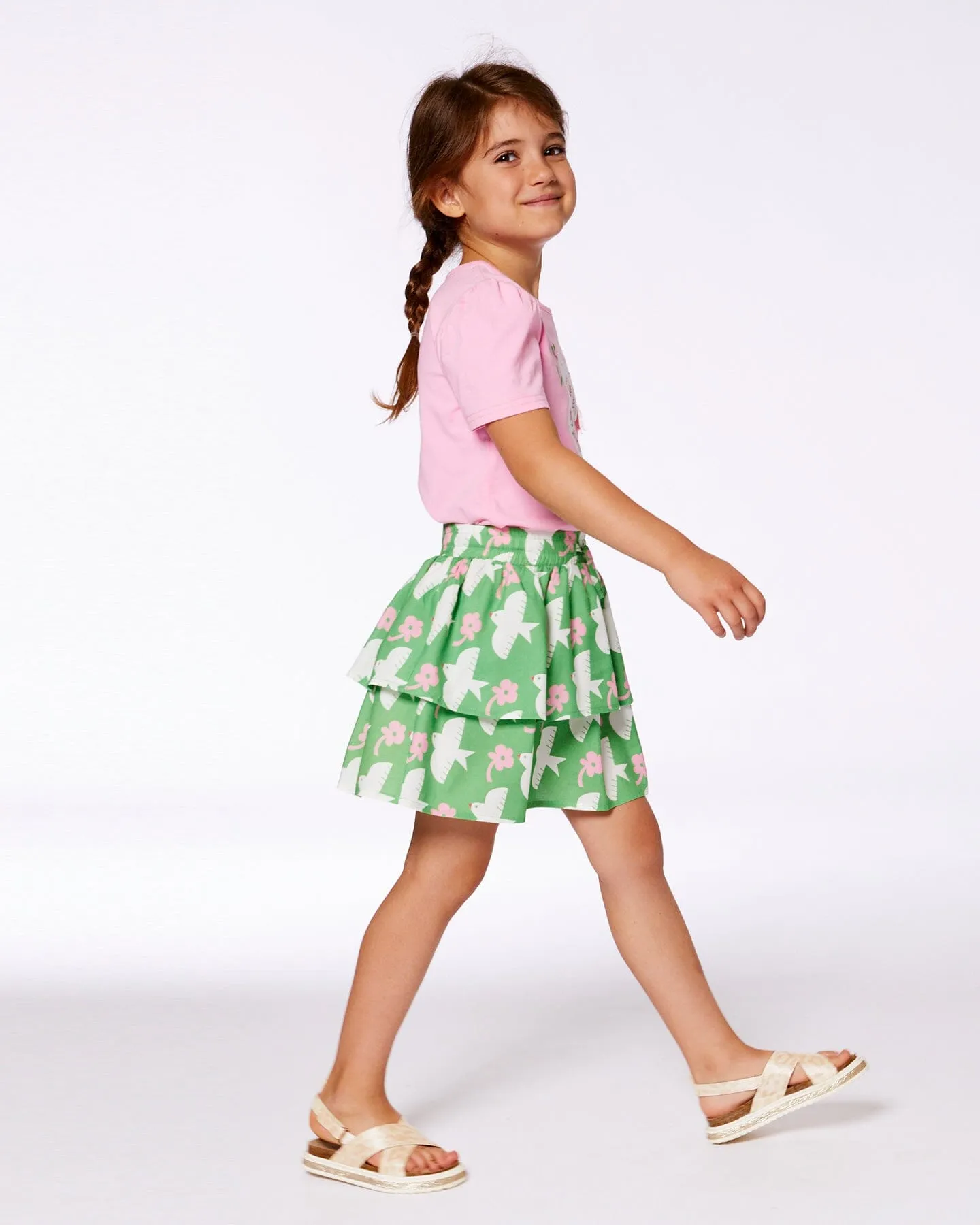 Tiered Elastic Waist Skirt Green With White And Pink Bird