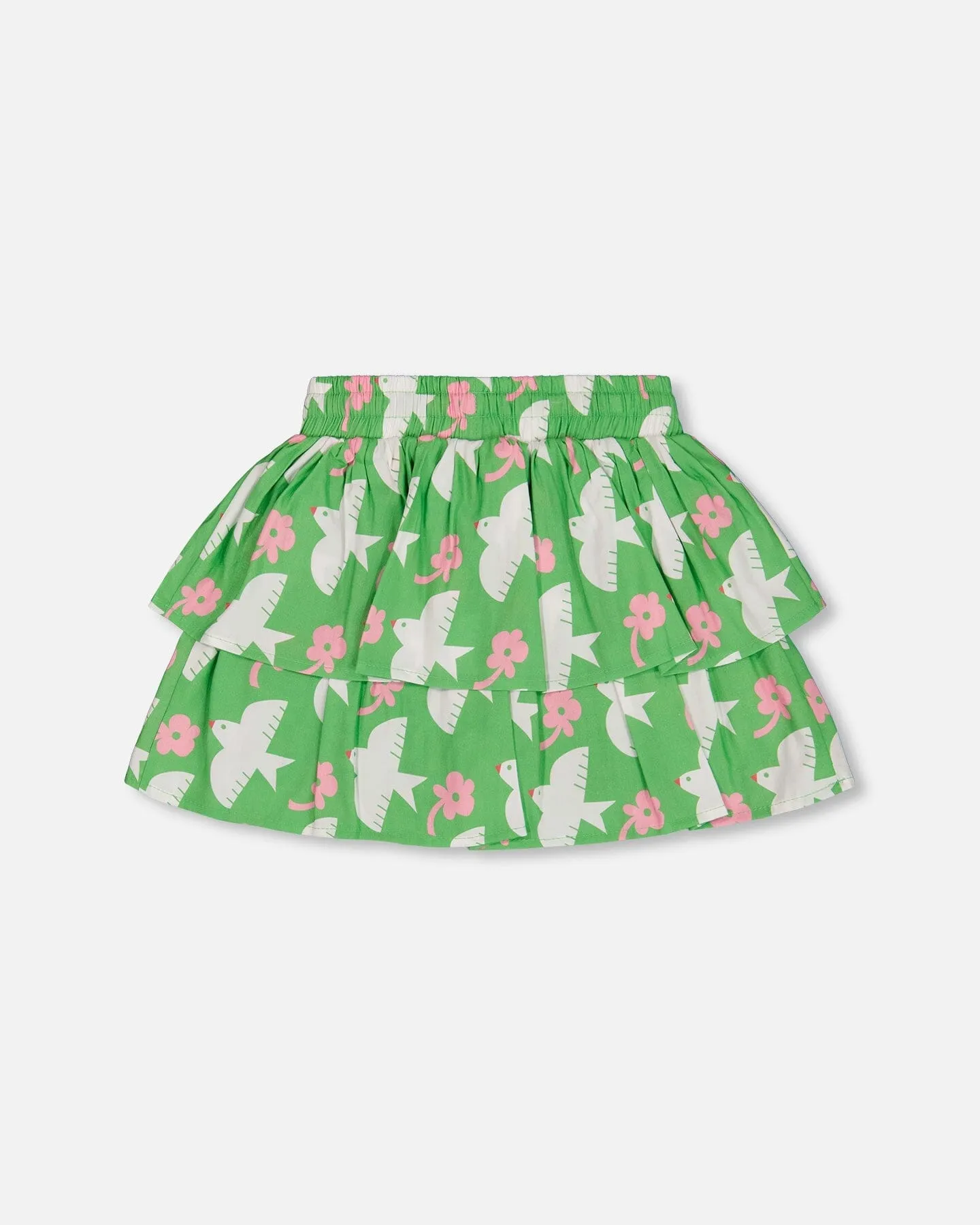 Tiered Elastic Waist Skirt Green With White And Pink Bird