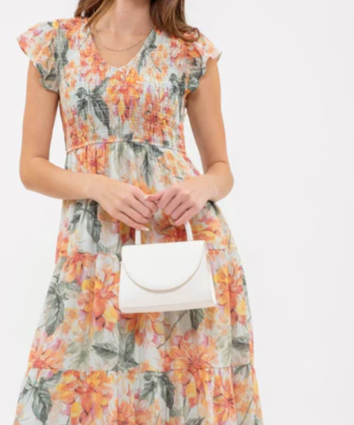 V-Neck Floral Midi Dress - Mint Multi