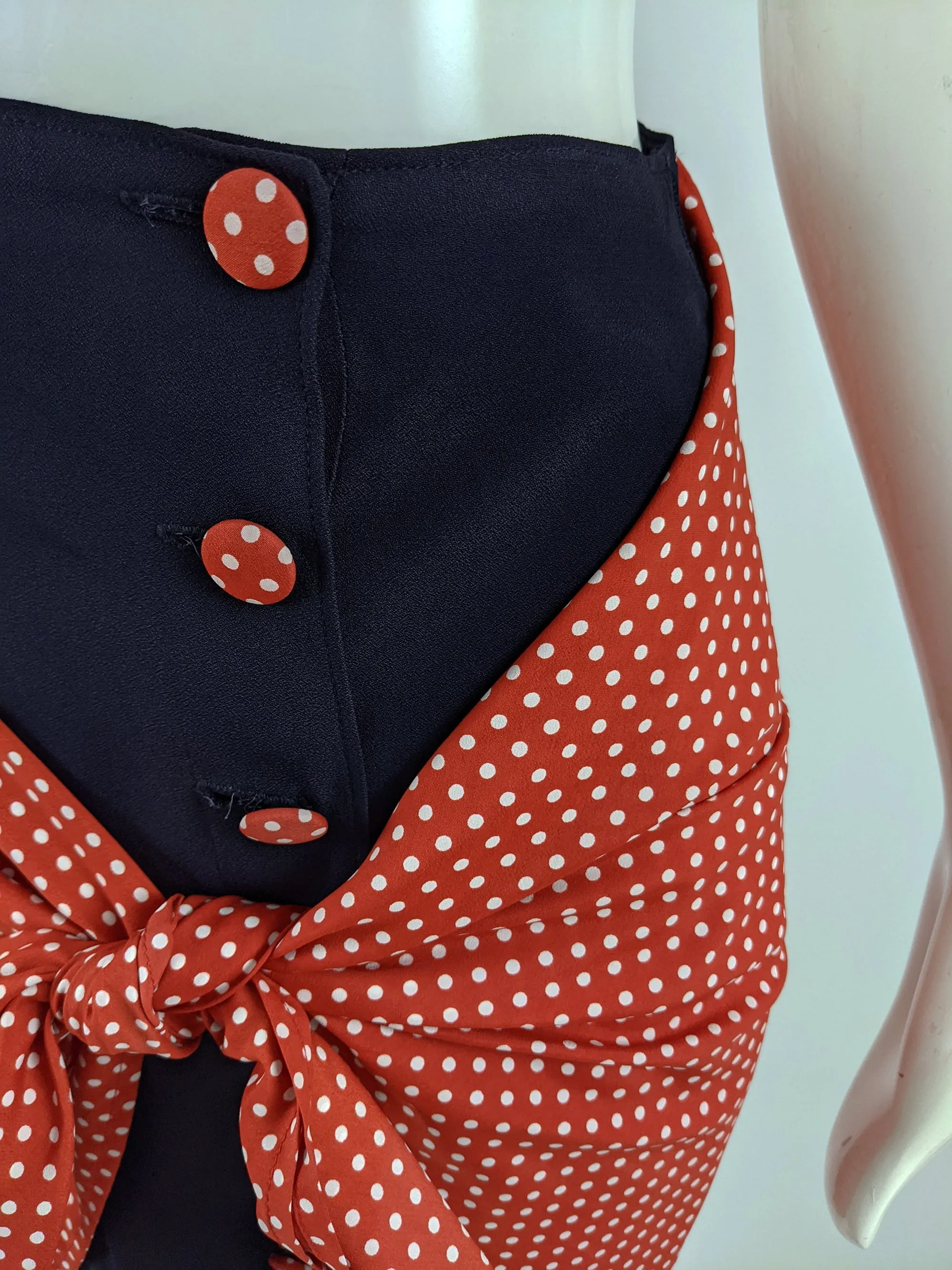 Vintage 1990s Navy Blue & Red Polka Dot Wraparound Skirt