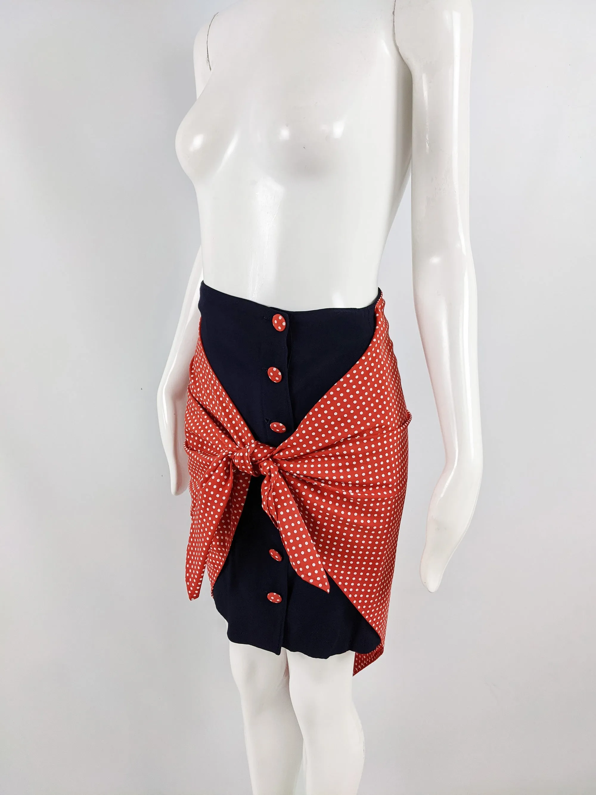 Vintage 1990s Navy Blue & Red Polka Dot Wraparound Skirt