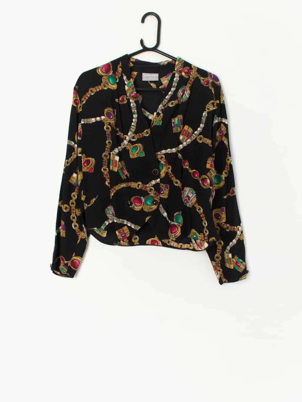 Vintage 80s double-breasted blouse with chain and jewellery pattern – Medium